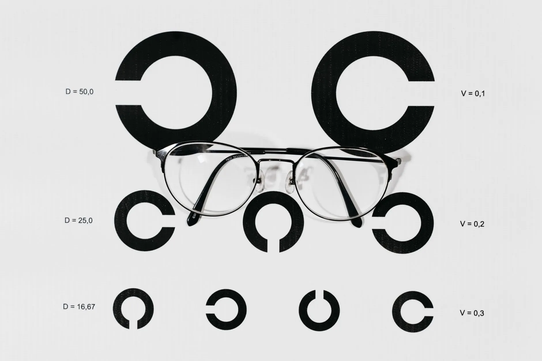 A pair of round metal glasses lying across the large rings at the top of an eye chart