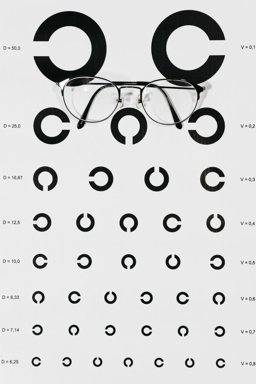 A shapes eye chart made of broken rings, with a pair of glasses resting on the top line