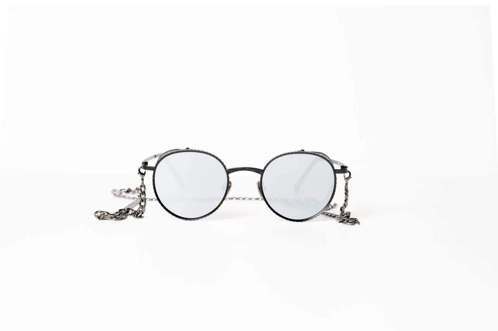 Round engraved gunmetal glasses with a detachable chain